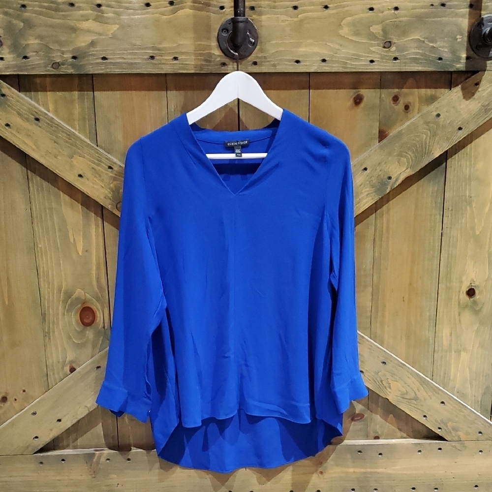 Eileen Fisher Blue Asymmetrical 3/4 Sleeve Blouse